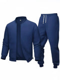 2 Pcs Men's Polyester Fleece Plain Zipper Track Suit - blue