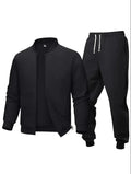 2 Pcs Men's Polyester Fleece Plain Zipper Track Suit - black