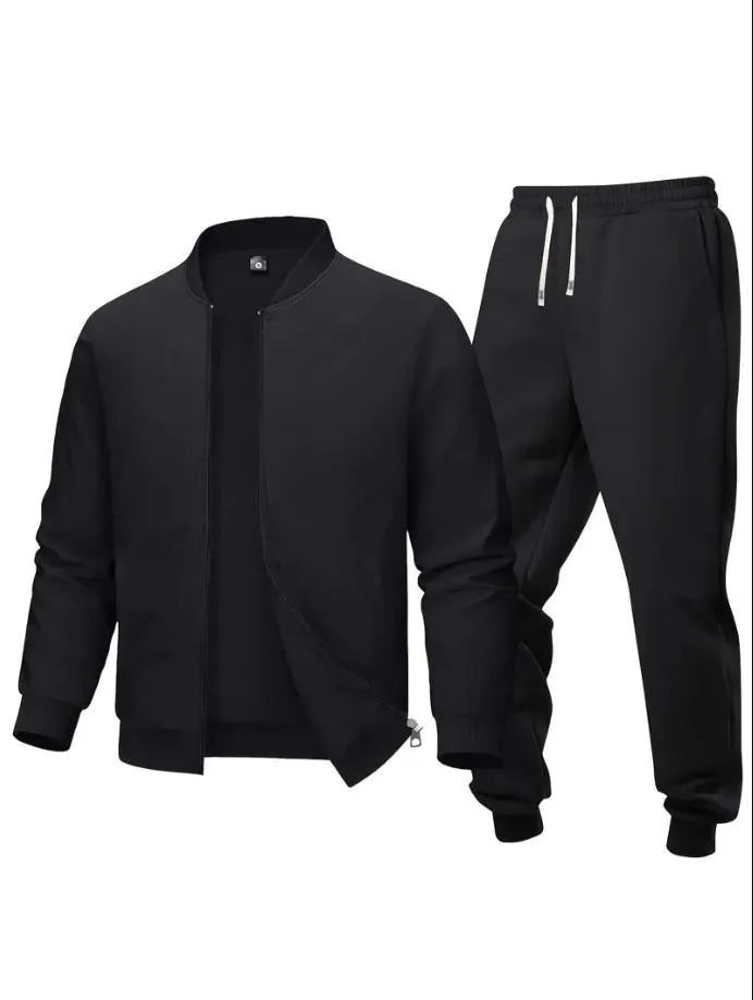 2 Pcs Men's Polyester Fleece Plain Zipper Track Suit - black