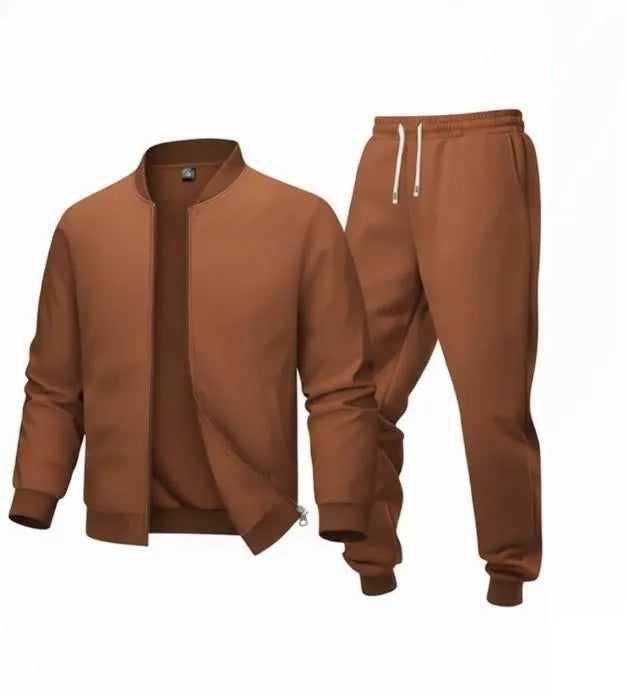 2 Pcs Men's Polyester Fleece Plain Zipper Track Suit - brown